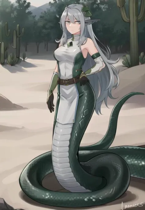 ((best quality)), ((highly detailed)), masterpiece, (detailed eyes, deep eyes), (1girl), full body, <lora:aiomonstergirls_loraLocon:.2>, <lora:animeLamia_v10:1>, (lamia), scales, tail, merged at waist, standing, (grey scales), <lora:slit-pupils:1>, snake eyes, (at a desert, cactus), <lora:laserflip:.8>