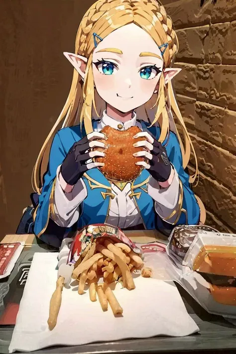 <lora:McDate_with_2D_Waifu:0.8>, McDate_with_2D_Waifu, smile, looking at viewer, ((masterpiece,best quality)), aazelda, long hair, crown braid, hairclip, pointy ears, blue shirt, long sleeves, fingerless gloves, black gloves, <lora:zelda_1:0.7>,