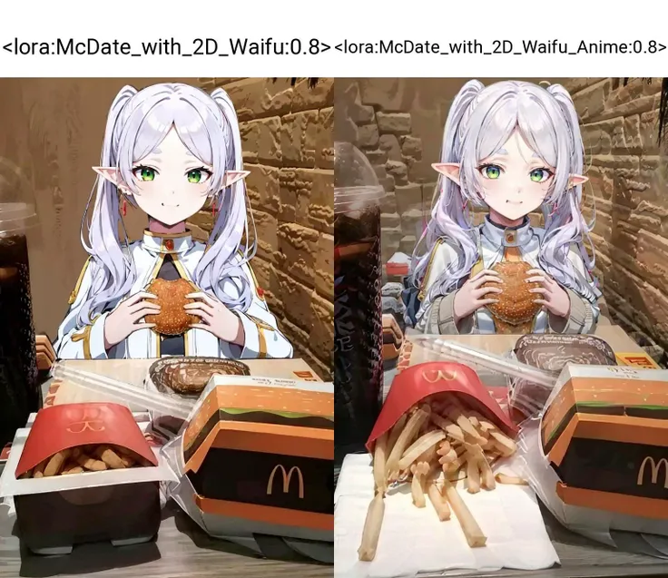 <lora:McDate_with_2D_Waifu:0.8>, McDate_with_2D_Waifu, smile, looking at viewer, ((masterpiece,best quality)), aafrie, long hair, white hair, twintails, pointy ears, earrings, green eyes, thick eyebrows, white capelet, striped shirt, long sleeves, <lora:frieren_v1:0.7>,