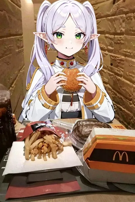 <lora:McDate_with_2D_Waifu:0.8>, McDate_with_2D_Waifu, smile, looking at viewer, ((masterpiece,best quality)), aafrie, long hair, white hair, twintails, pointy ears, earrings, green eyes, thick eyebrows, white capelet, striped shirt, long sleeves, <lora:frieren_v1:0.7>, blush