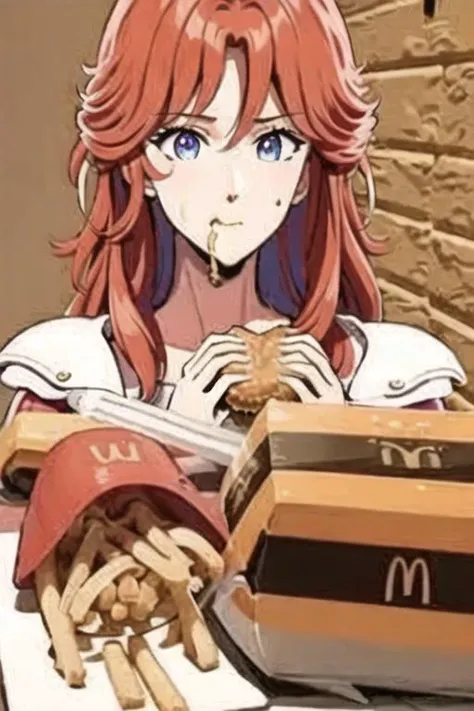 best quality, perfect skin, beautiful detailed eyes,detailed face,dynamic lighting, <lora:0009Hmamiya:0.8> mamiya <lora:McDate_with_2D_Waifu_Res768:0.8> mcdate_with_2d_waifu, food, better fingers, eat hamburger, look at viewer,