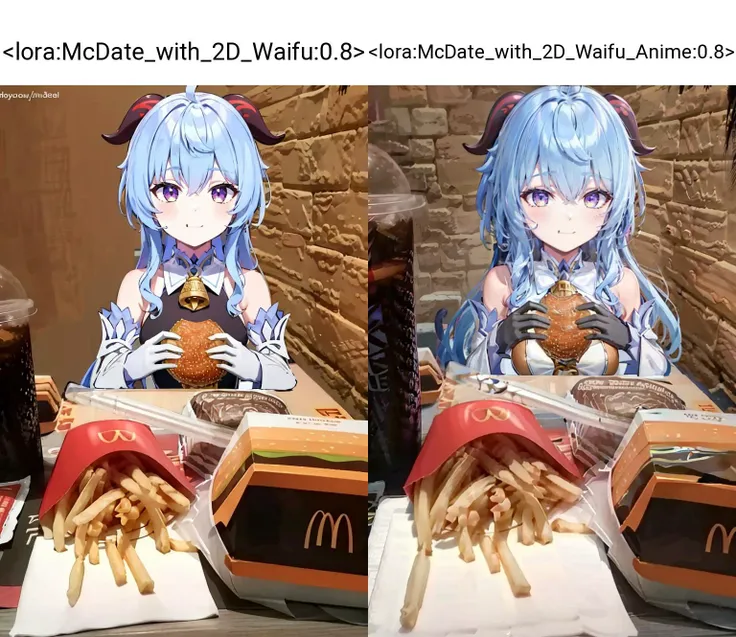 <lora:McDate_with_2D_Waifu:0.8>, McDate_with_2D_Waifu, smile, looking at viewer, ((masterpiece,best quality)), absurdres, <lora:ganyu_v1:0.7>, aaganyu, long hair, low ponytail, ahoge, horns, bare shoulders, neck bell, bodystocking, white dress, gold trim, flower knot, detached sleeves, black gloves,