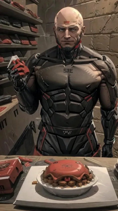 <lora:McDate_with_2D_Waifu:0.6> (McDate with 2D Waifu, food, holding food, chewing), BREAK, <lora:Sundowner - Metal Gear Rising:0.7> mgrsundowner, android, cyborg, bald, tattoo, barcode, barcode tattoo, manly, muscular, BREAK, red sun, red sun over paradise, BREAK,, masterpiece, best quality, extremely detailed, highly quality, 4k, sharp focus, professional, sharp focus, award winning, cinematic lighting, octane render, unreal engine, volumetrics dtx, Wallpaper,