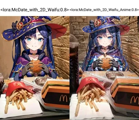 <lora:McDate_with_2D_Waifu:0.8>, McDate_with_2D_Waifu, smile, looking at viewer, ((masterpiece,best quality)), absurdres, <lora:mona_v1:0.7>, aamona, long hair, twintails, hair ornament, black ribbon, earrings, witch hat, purple headwear, choker, cape, fur trim, gold trim, blue leotard, detached sleeves, gloves,