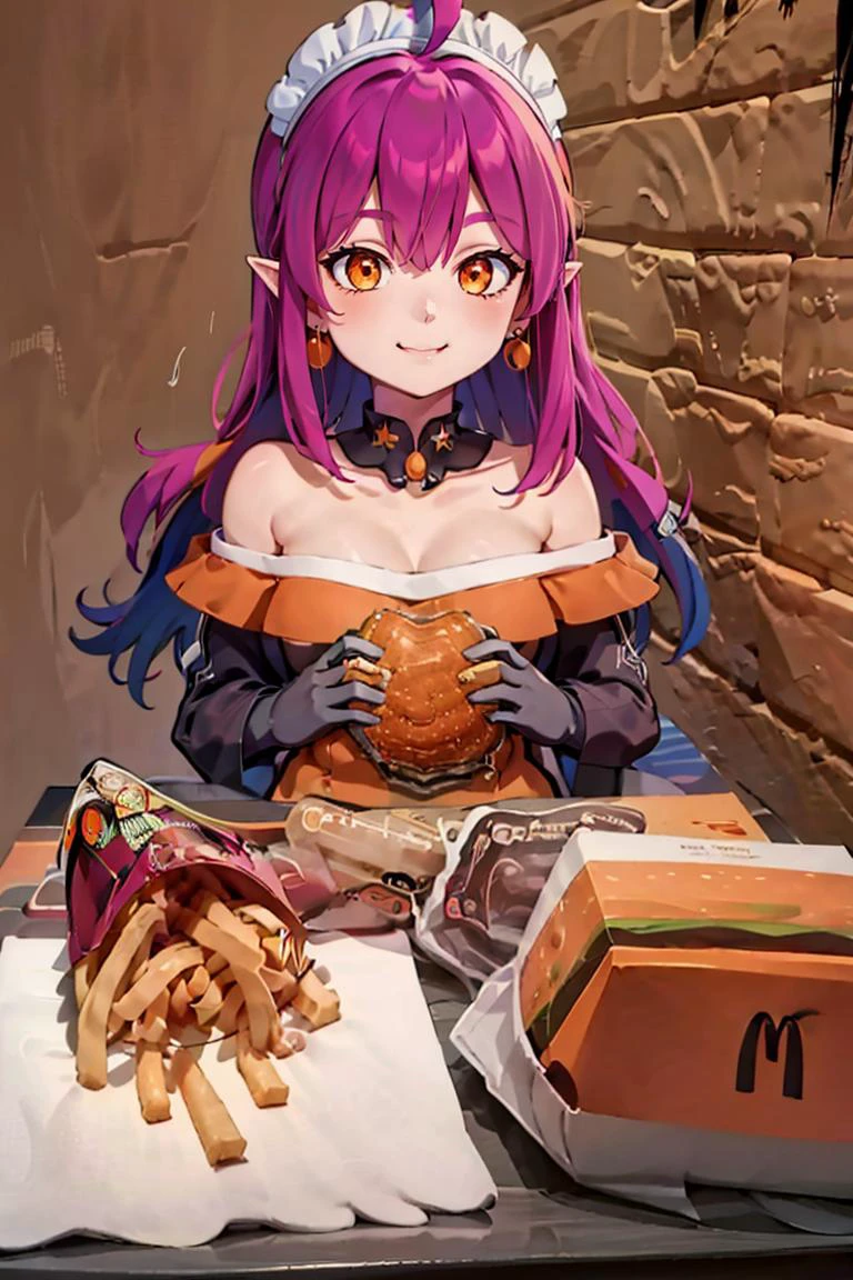 <lora:McDate_with_2D_Waifu:0.8>, McDate_with_2D_Waifu, smile, looking at viewer, ((masterpiece,best quality)), absurdres, <lora:Stardust_Pumpkins_Citron_OC_Anime:0.8>, Stardust_Pumpkins_Citron_OC, 1girl, long purple hair, orange eyes, ahoge, pointy ears, orange dress, elbow gloves, bare shoulders, maid headdress, jewelry, earrings, , ,