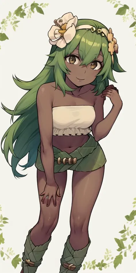 beautiful, masterpiece, <lora:steampunkEngis_wakfu_amalia:1>, 1woman, mature, solo, dark-skinned female, (long green hair:1.3), smile, beige crop top, green mini skirt, strapless, hair flower, (facing viewer:1.4), bent over, hairband, leaves around waist,