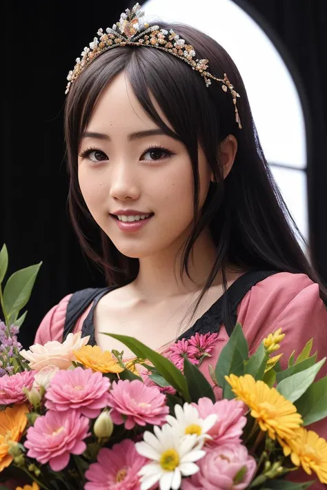 <fukumuramizuki> upper body portrait of female idol wearing beautiful pink dress holding a bouquet of colorful flowers on stage smiling through tears, tiara, realistic skin texture, intricate details