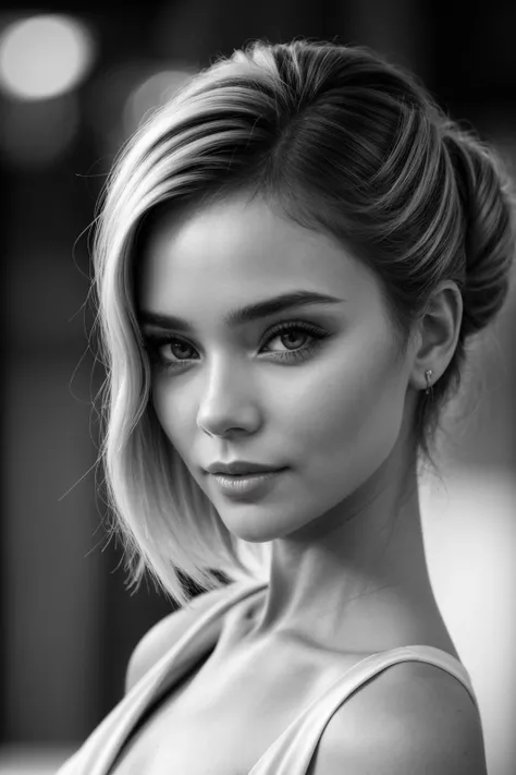 beautiful woman (EPS3l4B4yM1l3s:.99): perfect hair, half updo, (dress with side slit:1.2), ominous, beautiful, hyperrealistic, by greg rutkowski, yoshitaka amano, ilya kuvshinov, Retina display, (monochrome:1.2), (black and white:1.3),  (b&w), Canon50 ((detailed eyes)), (([dark|heavy|subtle]eyeliner, long lashes)), (epicPhoto), long eyelashes, (perfect waist)