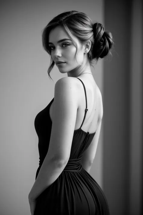 beautiful woman (EPS3l4B4yM1l3s:.99): perfect hair, half updo, (dress with side slit:1.2), ominous, beautiful, hyperrealistic, by greg rutkowski, yoshitaka amano, ilya kuvshinov, Retina display, (monochrome:1.2), (black and white:1.3),  (b&w), Canon50 ((detailed eyes)), (([dark|heavy|subtle]eyeliner, long lashes)), (epicPhoto), long eyelashes, (perfect waist)
