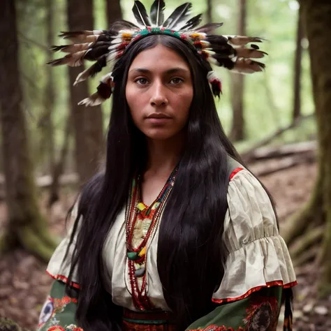 photo of a beautiful native american woman with green eyes in traditional clothing, (vintage film style), 19th century, candid, flowers in hair, forest, dark theme, masterpiece, detailed face, detailed eyes, detailed skin, high detail, dark studio, two tone lighting, <lora:epiNoiseoffset_v3:1.2>