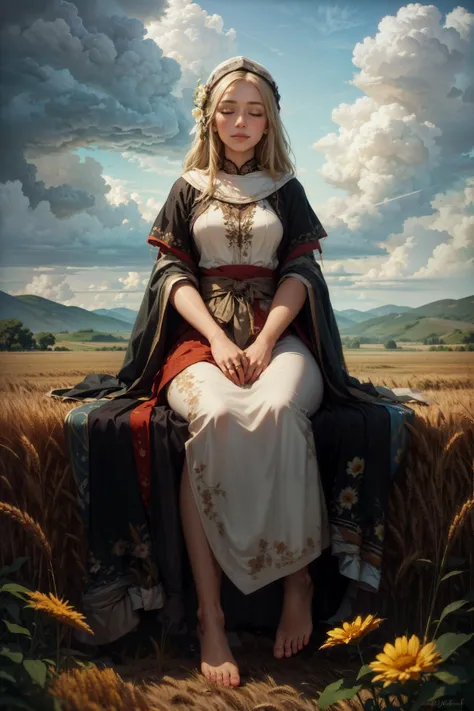 best quality, masterpiece, beautiful, 1girl, adult woman, (smiling:0.6), closed eyes, stormy clouds, blue sky, wheat field, white dress with flower patterns, barefoot, cinematic lighting BREAK long blonde hair <lora:tools/epiNoiseoffset_v2>