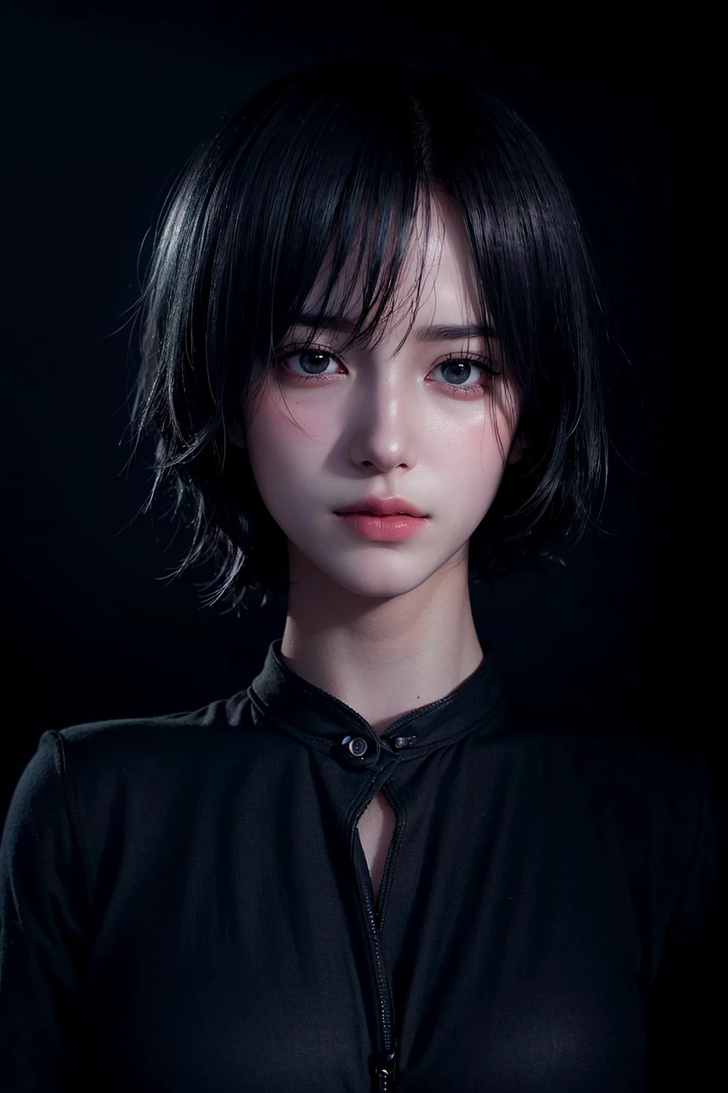 (RAW photo, best quality), (realistic, photo-realistic:1.2), 1girl, high quality, (high detailed skin:1.4), puffy eyes, gorgeous hair, <lora:epiNoiseoffset_v2:1.8>, (dark room:1.3), (rim lighting:1.3), (dimly lit:1.3), (dark night:1.3), indoors, portrait, black hair, dark background, short hair, <lora:koreanDollLikeness_v15:0.4>, <lora:breastinclassBetter_v13:0.4>, <lora:fashionGirl_v47:0.4>,