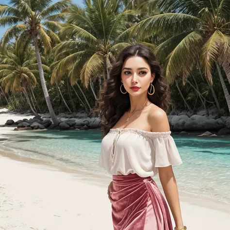 portrait, Woman, Average Height, in shape, Round Face, Fair Skin, Light Brown Hair, Blue Eyes, Wide Nose, Pouty Lips, Receding Chin, Shoulder-Length Hair, Curly Hair, Long Straight Hair, firm breasts, Dangle earrings, pink velvet lipstick, A midi skirt with a tucked in blouse and ankle boots, A serene beach with palm trees and crystal clear waters, Panning, Tribal, <lora:epiNoiseoffset_v2Pynoise:2>