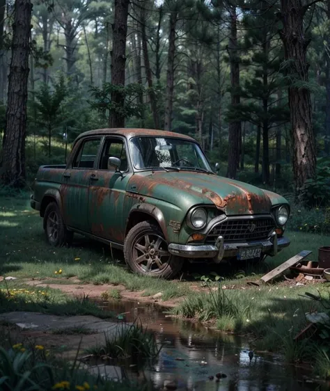 ((a rusty and damaged vehicle, arrounding by the green grass, dark forest)), ((dark & black theme)) (masterpiece), ((ultra-detailed)), (highly detailed CG illustration),(expressionless), (best quality:1.2), High quality texture, intricate details, detailed texture, High quality shadow, Cinematic Light, Depth of field, light source contrast, perspective,20s, (ulzzang-6500-v1.1:0.5), <lora:epi_noiseoffset2:1>, <lora:add_detail:0.8>,