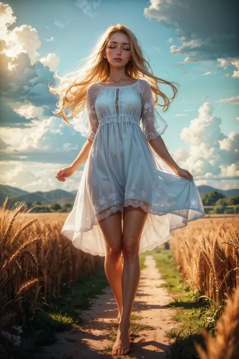 best quality, masterpiece, beautiful, 1girl, adult woman, (smiling:0.6), closed eyes, stormy clouds, blue sky, wheat field, white dress with flower patterns, barefoot, cinematic lighting BREAK long blonde hair <lora:tools/epiNoiseoffset_v2>