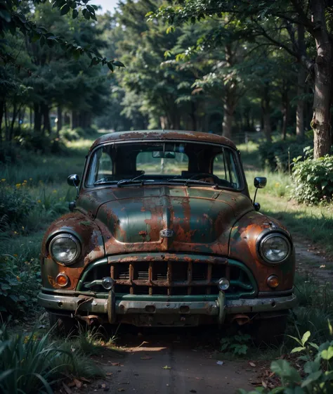 ((a rusty and damaged vehicle, arrounding by the green grass, dark forest)), ((dark & black theme)) (masterpiece), ((ultra-detailed)), (highly detailed CG illustration),(expressionless), (best quality:1.2), High quality texture, intricate details, detailed texture, High quality shadow, Cinematic Light, Depth of field, light source contrast, perspective,20s, (ulzzang-6500-v1.1:0.5), <lora:epi_noiseoffset2:1>, <lora:add_detail:0.8>,