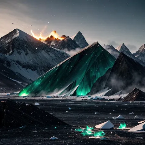 Emerald, A violent explosion rocks the area, sending shards of debris hurtling through the air, practical light, environmental light, Frozen tundra with icy mountains, <lora:epiNoiseoffset_v2Pynoise:2>