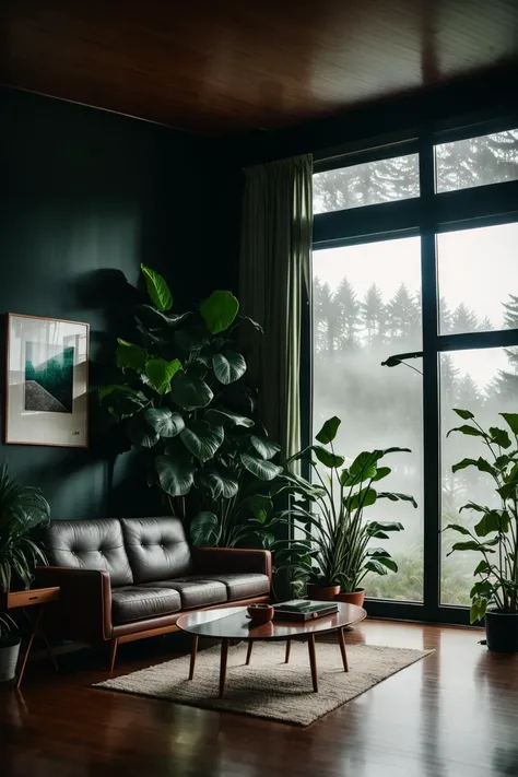 midcentury modern living room dimly lit with dark rainy evening outside, (foggy rainy evening:1.2), pacific northwest, (dim lighting:1.4), (moody lighting:1.2), plants, large plants, rainy, monstera, many plants, (foggy windows:1.2), masterpiece, best quality, twilight hour, (nighttime:1.4), rainy evening, after sunset,