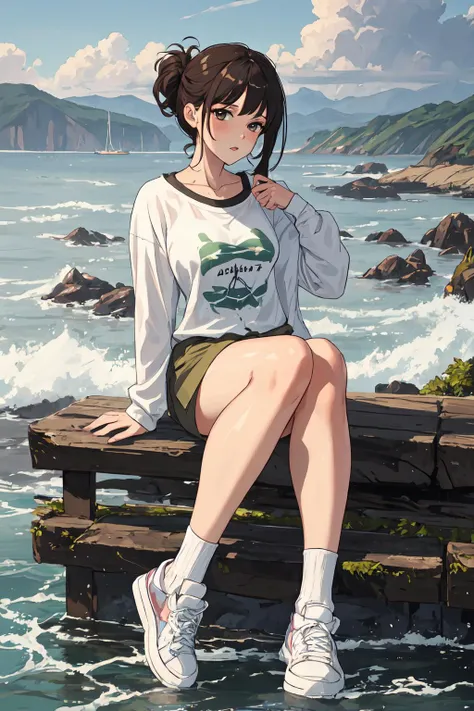 Striped long sleeve tee, khaki shorts, white knee-high socks, and white leather sneakers, Charmer, Tall, Thin, Oval Face, Olive Skin, Brunette Hair, Brown Eyes with Green Flecks, Long Nose, Thick Lips, Prominent Chin, Shoulder-Length Hair, Thick Hair, High Chignon, round breasts, , grape velvet lipstick, Fizzy bath fizzers, Coating of glossy liquid, Foggy coastal landscape, <lora:epiNoiseoffset_v2Pynoise:2>