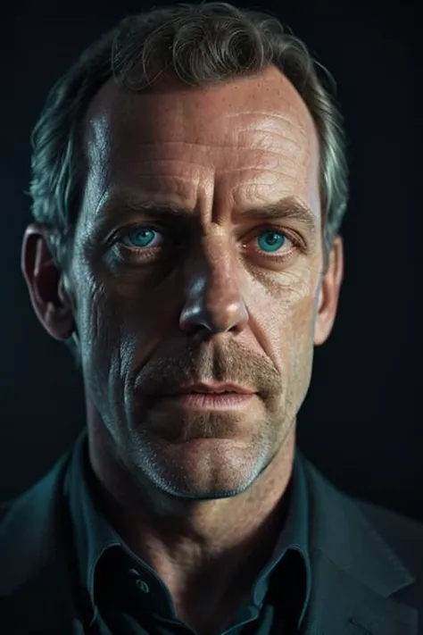 portrait of a award winning photo of hugh laurie posing in a dark studio, (rim lighting,:1.4) two tone lighting, sharp focus, teal hue, octane, unreal, dimly lit, low key,  <lora:epiNoiseoffset_v2Pynoise:2>