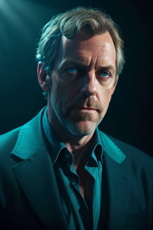 portrait of a award winning photo of hugh laurie posing in a dark studio, (rim lighting,:1.4) two tone lighting, sharp focus, teal hue, octane, unreal, dimly lit, low key,  <lora:epiNoiseoffset_v1:1>