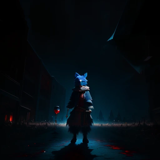 (best quality), ((masterpiece)), (highres),1boy,furry, blue fur,scarecrow, crazy smile,right hand holding a knife,left hand holding a red glass cup with blood, blood on face, blood on clothes, midnight city street, at night, night sky, dark theme, <lora:fursuitKizarouNSFW:1>