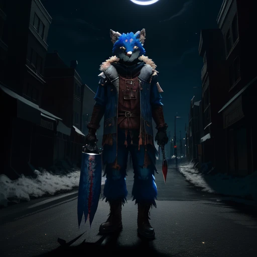 (best quality), ((masterpiece)), (highres),1boy,furry, blue fur,scarecrow, crazy smile,right hand holding a knife,left hand holding a bottle with blood, blood on face, blood on clothes, midnight city street, at night, night sky, dark theme, <lora:fursuitKizarouNSFW:1>