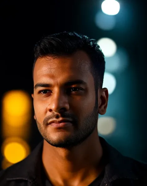Male, modelshoot style, portrait of a award winning photo of <lora:Sahiru:0.8> samde posing in a dark studio, (rim lighting,:1.4) orange and tale two tone lighting, sharp focus, teal hue, octane, unreal, dimly lit, low key, full black background, photorealistic, (high detailed skin:1.2), 8k uhd, dslr, soft lighting, high quality, volumetric lighting, candid, Photograph, high resolution, 4k, 8k, Bokeh, <lora:epiNoiseoffset_v2:1>