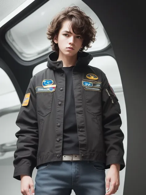 masterpiece, best quality, ultra-detailed, illustration, 1boy,  American man , braod shoulders, brown hair, green eyes,  messy hair blowing in the wind, off shoulder, realistic,solo, standing, <lora:epiNoiseoffset_v2:1>

wearing a black rock shirt, astronaut jacket, black arm bracelets, black punk jeans,

Background is inside a spaceship,