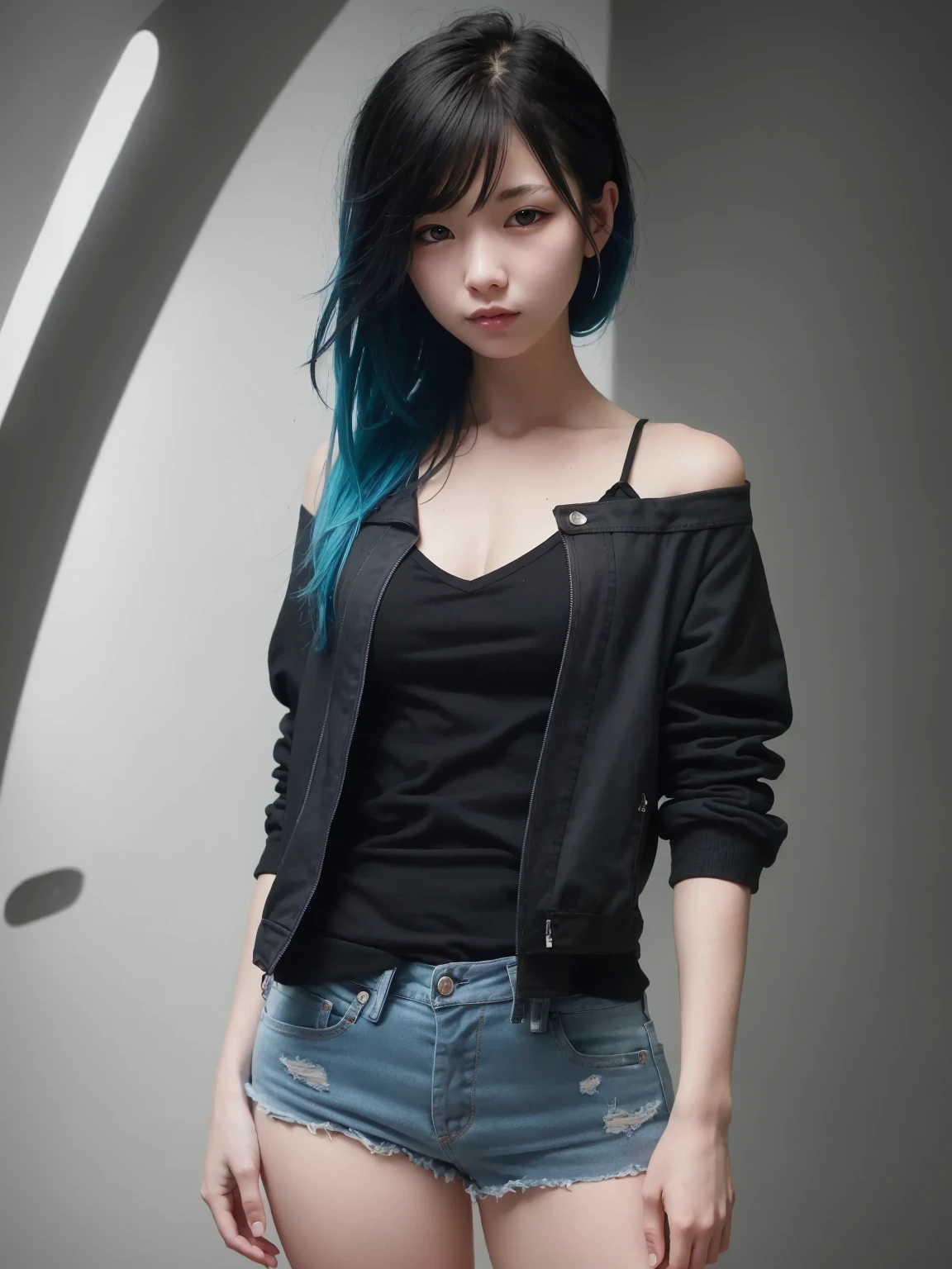 masterpiece, best quality, ultra-detailed, illustration, 1girl, bare shoulders, blue hair, red eyes, multi-color hair, long hair tied back in a ponytail, off shoulder, realistic,solo, standing, <lora:epiNoiseoffset_v2:1>
wearing a ripped black shirt, jacket, black arm bracelets, tattered black punk jeans, (large breasts:0.6),
Background is inside a spaceship, best quality, intricate details, chromatic aberration, dark, rim lighting, two tone lighting, sharp focus, dimly lit,