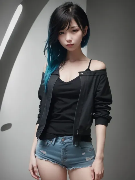 masterpiece, best quality, ultra-detailed, illustration, 1girl, bare shoulders, blue hair, red eyes, multi-color hair, long hair tied back in a ponytail, off shoulder, realistic,solo, standing, <lora:epiNoiseoffset_v2:1>

wearing a ripped black shirt,  jacket, black arm bracelets, tattered black punk jeans, (large breasts:0.6),

Background is inside a spaceship, best quality, intricate details, chromatic aberration, dark, rim lighting, two tone lighting, sharp focus, dimly lit,