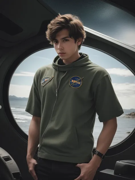 masterpiece, best quality, ultra-detailed, illustration, 1boy,  American man , braod shoulders, brown hair, green eyes,  messy hair blowing in the wind, off shoulder, realistic,solo, standing, <lora:epiNoiseoffset_v2:1>

wearing a black rock shirt, astronaut jacket, black arm bracelets, black punk jeans,

Background is inside a spaceship,