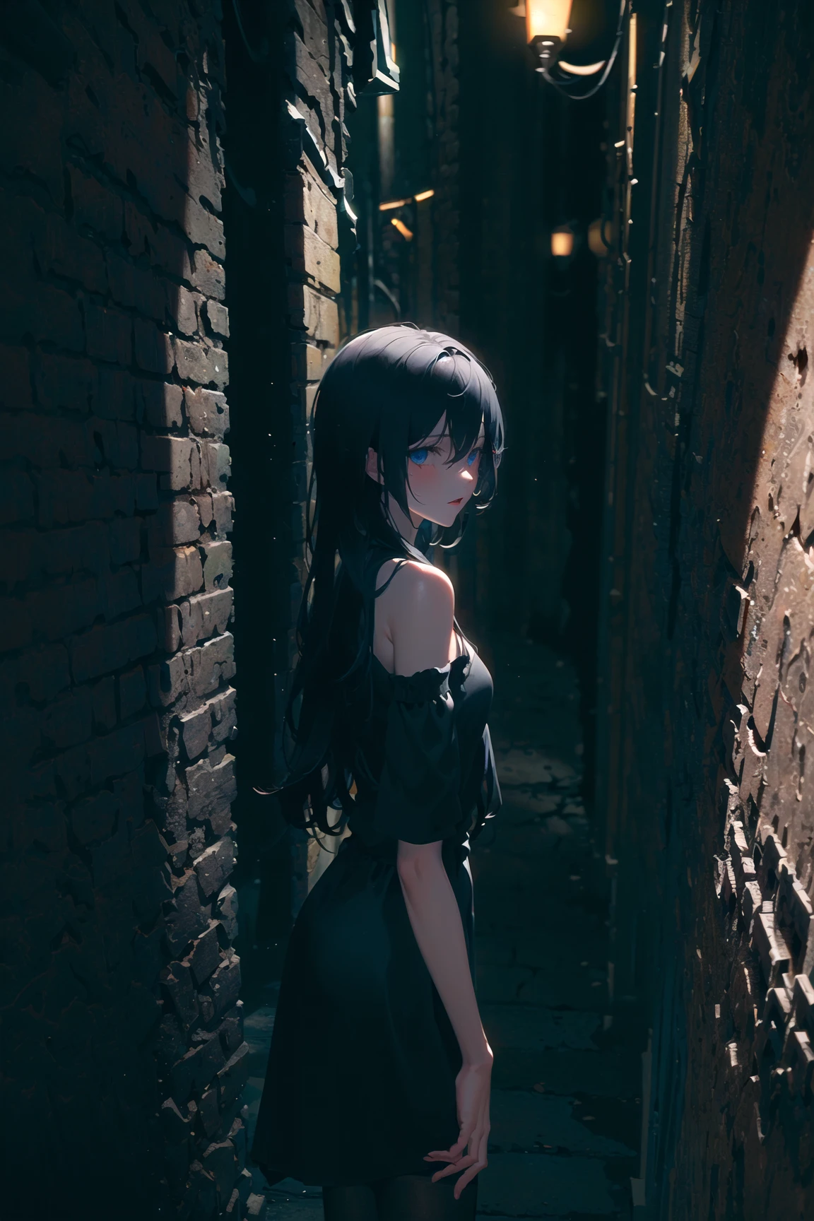 (masterpiece:1.2), (night:1, dark alley, dark:1.5), 1 girl, (black pantyhose:1),(intricate black dress:1), (stiletto heel:0.8), (black hair, long hair), <lora:epiNoiseoffset_v2:3>, facing viewer, upper body shot