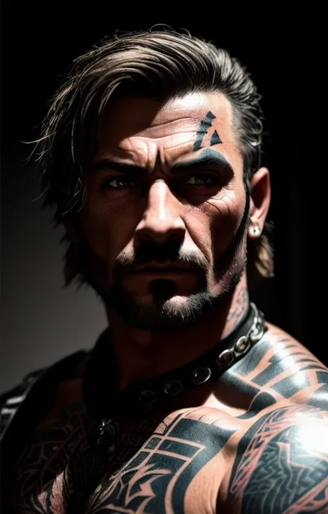 A close-up photorealistic portrait of a battle-hardened warrior with scars and tattoos, wielding a greatsword, living in a medieval world. In the style of Rembrandt, this scene is rendered in a dramatic and shadowy style. The camera type is a portrait lens, with the view perspective from a low angle. The time of day is early evening, and the lighting effects are moody and dark, with a gritty atmosphere.
 <lora:epiNoiseoffset_v2:1>