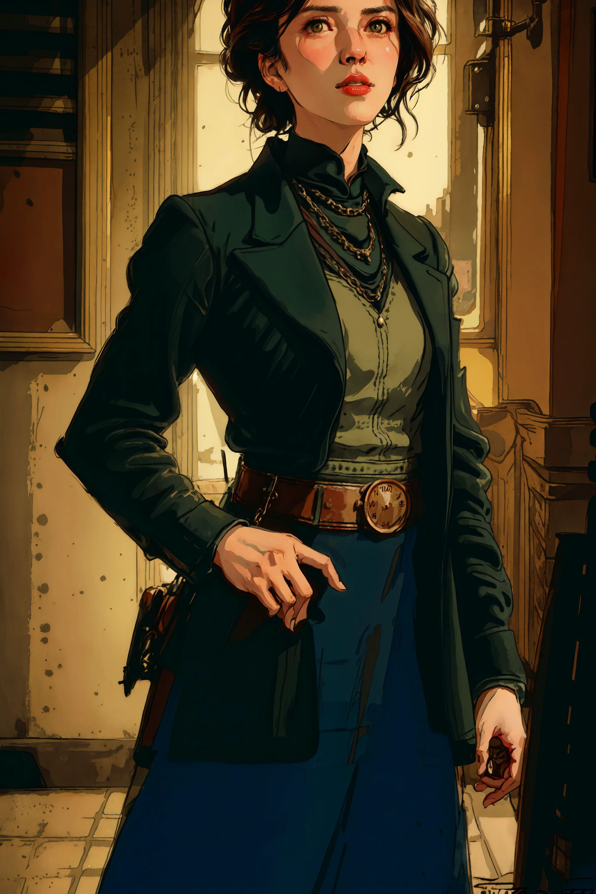 Concept art of a beautiful female industrial 1900s gangster in the style of Ashley Wood ,Keira Knightley in Pride and Prejudice, Sam Weber, Joao Ruas, Octavi Arrizabalaga , portrait, Peaky Blinders, aesthetic canonof proportion, rule of thirds, proud expression, pocket watch, trench watch, grunge and vintage and sci fi aesthetic,, epic lighting, hyperdetailed, artstation, 8k, high resolution, burnt edges, golden ratio, analogous colors, minimalist, vibrant, photo realistic, realistic, dramatic, dark, sharp focus, 8k., volumetric lighting., rim lighting, two tone lighting, dimly lit, low key, intricate, highly_detailed, dof bokeh, ray_tracing, subsurface_scattering, global_illumination, ray_traced_shadows, caustics, reflections, award winning photo, masterpiece, realistic, lifelike, photorealistic, highly detailed, absurdres, highest quality