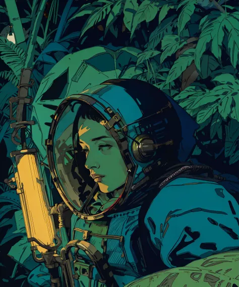 "Astronaut in a Jungle" by Syd Mead, cold color palette, muted colors, detailed, 8k, high detail, rim lighting, two tone lighting, dimly lit, low key