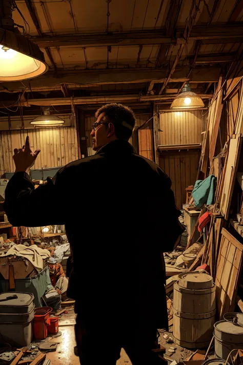 Wide angle Environmental shot of civil engineer in a cluttered and messy shack, chaotic shack in background. Civil engineers use surveying equipment such as levels, theodolites, and GPS receivers, Construction equipment,Materials testing equipment, hard hats, safety glasses, and steel-toed boots, vibrant, photo realistic, realistic, dramatic, dark, sharp focus, 8k., volumetric lighting., rim lighting, two tone lighting, dimly lit, low key, intricate, highly_detailed, dof bokeh, ray_tracing, subsurface_scattering, global_illumination, ray_traced_shadows, caustics, reflections, award winning photo, masterpiece, realistic, lifelike, photorealistic, highly detailed, absurdres, highest quality