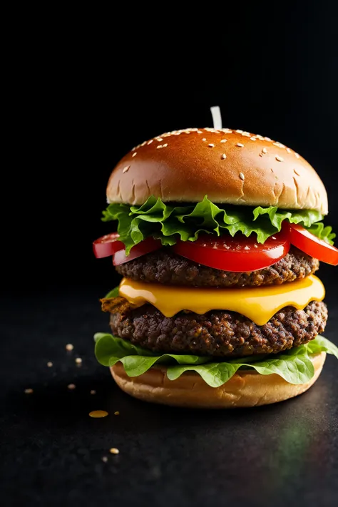 product shot of ultra realistic juicy cheeseburger against a dark background, two tone lighting, advertisement, octane, unreal  <lora:epiNoiseoffset_v2:1>