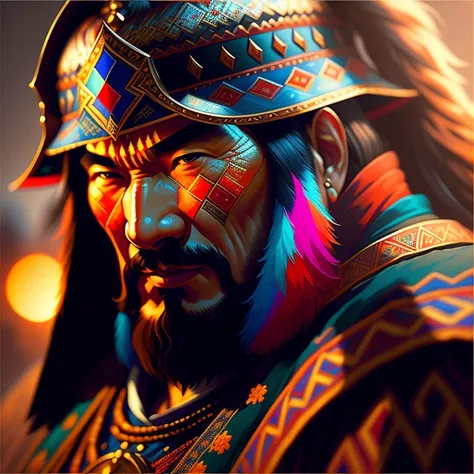 (best quality,masterpeace),close-up,(hyperdetailed colourful),
((Genghis Khan)), 
, hdr, sharp focus, cinematic lighting, trending on artstation,trending on CGSociety, professional majestic oil painting by greg rutkowski,immense detail, rim lighting, two tone lighting, dimly lit, low key ,<lora:epiNoiseoffset_v2:1>,