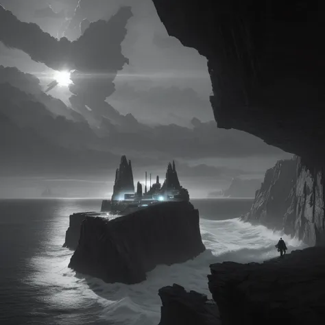 Monochromatic, Value, Geometric, Cyberpunk, accent light, backlight, main light, A dramatic cliffside with rough waters below, <lora:epiNoiseoffset_v2Pynoise:2>