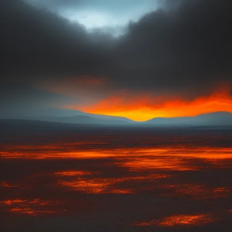 A landscape where the sky is made of fire and the ground is made of water, Monochromatic, hazy, dappled, environmental light, <lora:epiNoiseoffset_v2:1>