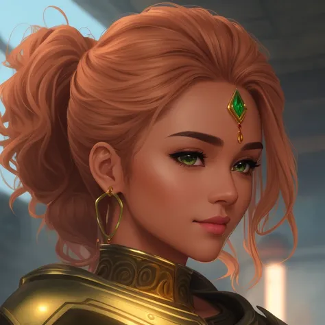 Female Warrior, Short, Lean, Triangular Face, Dark Skin, Strawberry Blonde Hair, Brown Eyes with Green Flecks, [[Curved Nose]], Pouty Lips, Receding Chin, Shoulder-Length Hair, Wavy Hair, Wavy Updo, asymmetrical breasts, Clip-on earrings, A wrap dress with wedges, grinning, beaming, neutral light, pool light, Hue, Size Relations, <lora:epiNoiseoffset_v2:1>