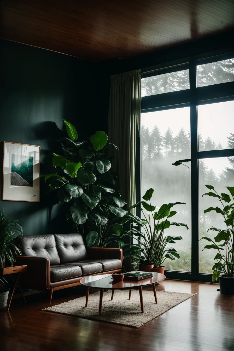 midcentury modern living room dimly lit with dark rainy evening outside, (foggy rainy evening:1.2), pacific northwest, (dim lighting:1.4), (moody lighting:1.2), plants, large plants, rainy, monstera, many plants, (foggy windows:1.2), masterpiece, best quality, twilight hour, (nighttime:1.4), rainy evening, after sunset,