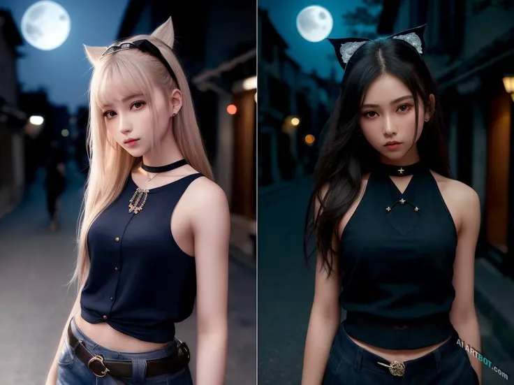 night, rim lighting, moonlight, A beautiful girl, idol, pure face, best quality, raw portrait, highly detailed, skinny, supple and pale skin, sunlight, sleeveless, bow, tidy street, <lora:epiNoiseoffset_v2:1.3>