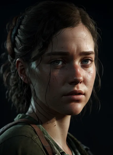 (the last of us:0.9), (Ellie:0.9), natural hair, realistic portrait, 4k, supreme detail, highly detailed, artstation, smooth, sharp focus, cinematic lighting, facing the camera, dark studio, rim lighting, two tone lighting, dimly lit, low key, <lora:epiNoiseoffset_v2:1>