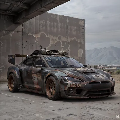 a photo of a rusty tslas (zeekars), 3/4 front view, survival, post-apocalyptic, armored, cyberpunk, wide angle action shot,  steel plates, outdoors, night, road, destruction, urban decay, masterpiece, photorealistic, 8k, high detail, dark theme, <lora:epiNoiseoffset_v3:1.6> <lora:zeekars:.7> <lora:TeslaModelS:.4>