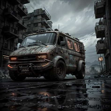 gopro shot of a (cyberpunk armored van) zeekars, 3/4 front view, wide angle action shot, post-apocalyptic, outdoors, night, road, destruction, urban decay, moonlight, full moon in background, masterpiece, photorealistic, 8k, high detail, dark theme, <lora:epiNoiseoffset_v3:1.6> <lora:zeekars:.6>