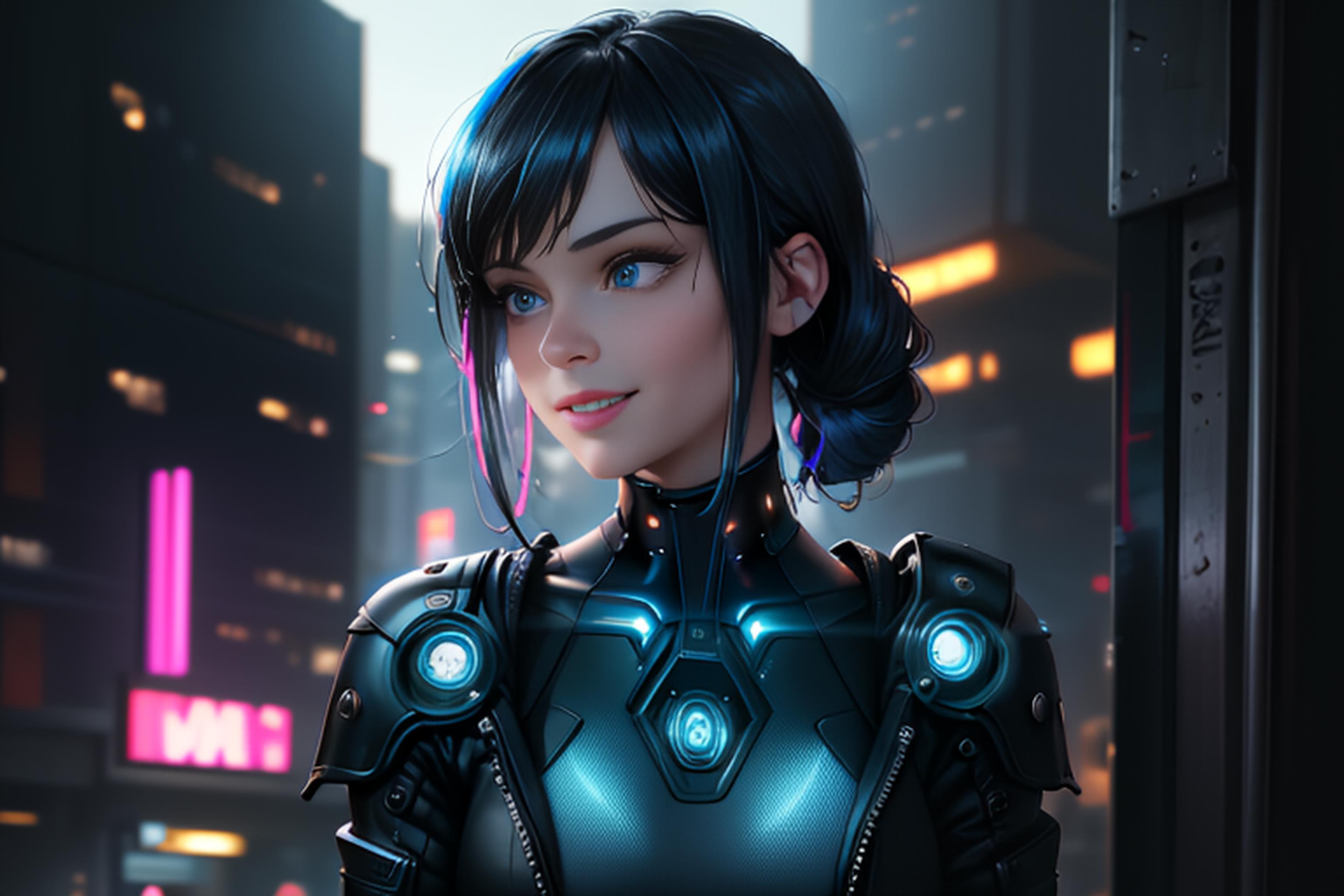 A woman in a futuristic suit stands in front of a city at night - SeaArt AI