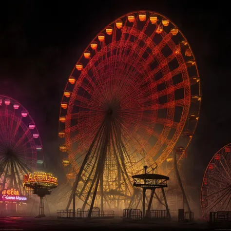 abandoned amusement park, big ferris wheel, (heavy fog), dim street lights, sharp colors, photorealistic, extremely detailed 8k wallpaper, <lora:noiseoffset:1>
