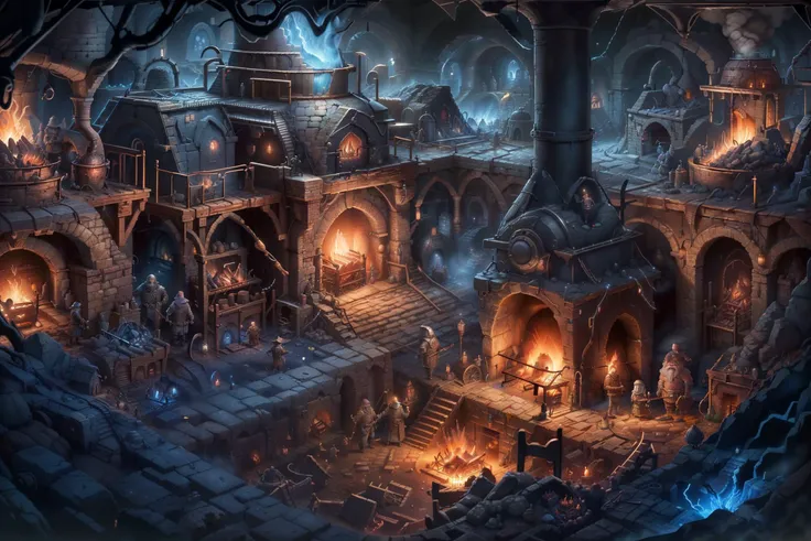 dwarven blacksmith forge interior, Labyrinth, steampunkai, people, highly detailed, dimly lit, low key, lightning, torches, metal,
<lora:kLabyrinth:0.7>,  <lora:SteamPunkAI:0.3> <lora:epi_noiseoffset2:0.3>